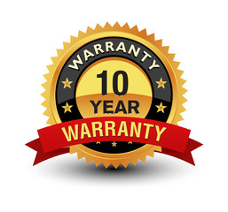 Golden color powerful 10 year warranty badge, seal, sign, label with red ribbon isolated on white background.