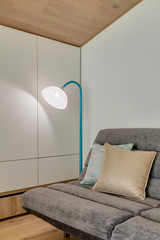 a modern room with a sofa and floor lamp