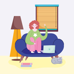 working remotely, young woman with laptop on sofa room cat window lamp