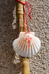Walking stick and seashell of the Camino de Santiago leaning on granite stone wall. Santiago de...