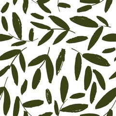 Hand drawn bush branches with leaves. Black ink sketch seamless pattern