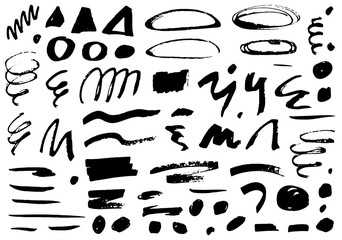 Abstract hand drawn vector elements set. Sketch style black ink wavy lines, circles, dots and grunge swirls