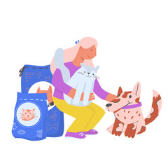 Girl volunteer take care for homeless animals. Responsibility and helping to animals. Cartoon flat vector illustration.