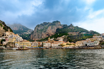 Waterfront landscape of Amalfi town, Italy.