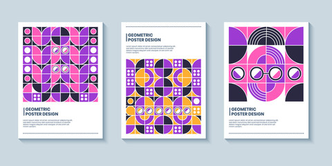 Collection of three Modern abstract poster design with geometric shape composition. Brutal geometric layout background for brand identity, album, poster