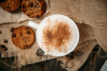 View from above. Coffee on a wooden table