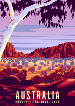 Rock Formations in the Australian Purnululu National Park at sunset. Handmade drawing vector illustration. Retro style poster.