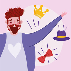 happy fathers day, dad with mustache crown hat and bow tie cartoon