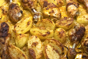 Baked potatoes and chicken legs with crust and onion. Texture, rustic food background.