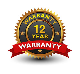 Strong, majestic, powerful, 12 year warranty badge, sign, seal, stamp, label with red ribbon isolated on white background.