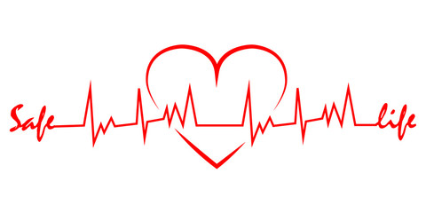 Heartbeat line with shape of heart. Healthy electrocardiogram or ECG. One pulse line with text Safe Life Flat healthcare rate design icon on white background