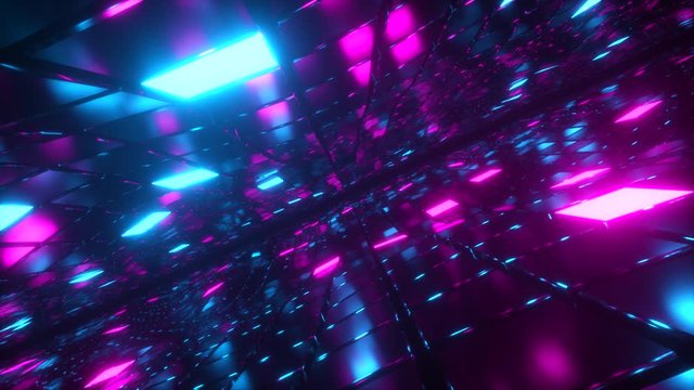 Abstract seamless looped animation of flying in endless space of neon and metal cubes. Modern blue purple color spectrum of light. VJ loop.