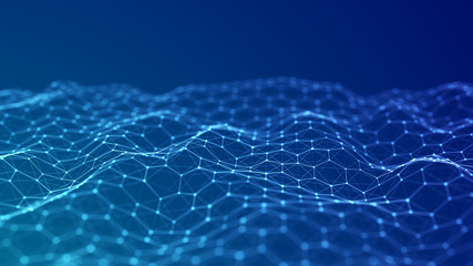 Abstract futuristic hexagon background. Big data visualization. Digital dynamic wave. 3D rendering.