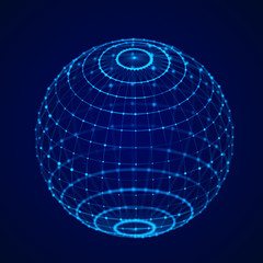 Technology blue sphere with connecting dots and liles. Digital abstract network structure. 3D rendering.