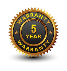 Strong, majestic, powerful, 5 year warranty badge, sign, seal, stamp, label isolated on white background.
