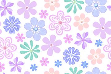 Decorative flowers in pastel colors isolated on a white background. Vector seamless floral pattern for design of fabric, wallpaper, wrapping paper.