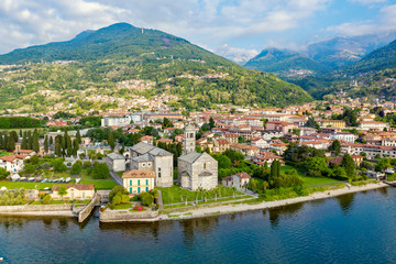 Fototapeta na wymiar Gravedona, Como Lake, Italy, aerial view of the church of S. Maria del Tiglio