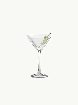 A hand drawn illustration of a dirty martini served with three olives in a traditional style glass. 