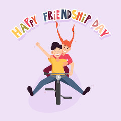 Happy friendship day design for cards. Two teenagers - boy with one hand up and red haired girl with pigtails riding one bicycle and having fun. Flat vector illustration.