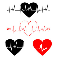 A set of vector heart cardiogram. Black and red ECG line on white background. Line pulse inside the heart