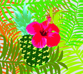 Pineapple flower and palm leaf graphic design vector art