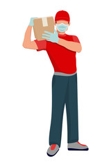 Safe delivery concept in flat style. Delivery home and office. City logistics. Vector illustration scene with courier in protective mask and box delivers orders. Protect from covid-19 or coronavirus.