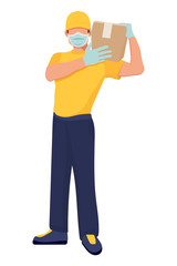 Safe delivery concept in flat style. Delivery home and office. City logistics. Vector illustration scene with courier in protective mask and box delivers orders. Protect from covid-19 or coronavirus.