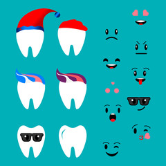 Fototapeta na wymiar Dentistry Cute cartoon tooth, emotions.Vector illustration set of teeth on an isolated blue background in flat style. For dental clinics, brochure, banner, postcard, flyer.