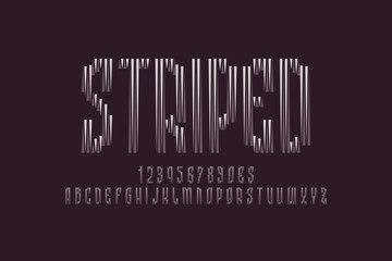 Striped artistic display font. Bicolor letters, numbers and currency signs. Isolated english alphabet. Vector urban lettering.