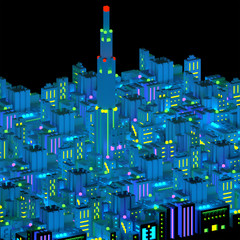 Top view of a neon city skyline made of building-blocks at night with shining lights. Aerial view 3D illustration in isometric perspective on black background.