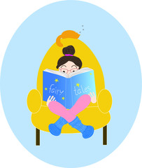 Cute vector illustration for cover or card with the image of a reading girl in a yellow armchair and a ginger cat