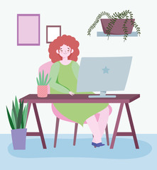 working remotely, young woman in desk with laptop room with plants decoration