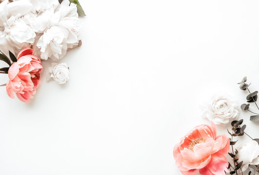 Styled flatlay with white & pink peonies, white space for text or product, great as header image