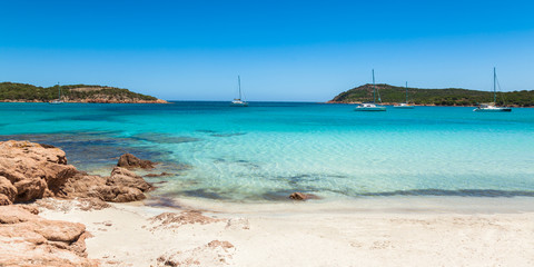 Panoramic view of Rondinara beach in Corsica Island in France - obrazy, fototapety, plakaty