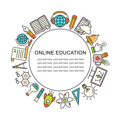 Online education round shape pattern with linear icons. E-learning, online course, webinar, e-book, video conference, home studying. Modern line style vector illustration. Stay home background.