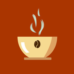 cup with the image of coffee beans with a hot drink on a bright background