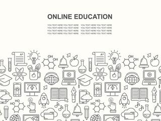 Online education seamless pattern with linear icons. E-learning, online course, webinar, e-book, video conference, home studying. Modern line style vector illustration. Stay home background.