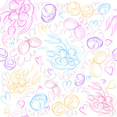 Vector seamless pattern of lychees and leaves.