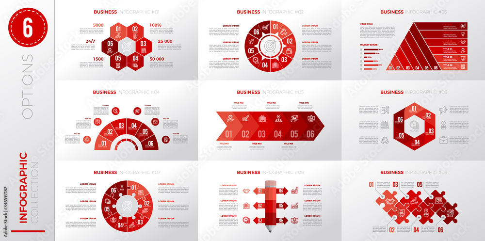 Wall mural Infographic business template with 6 options. Red color version.	