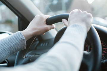 Driving a Car - Driver Hands Holding a Steering Wheel - obrazy, fototapety, plakaty