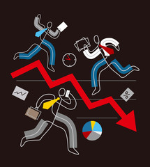 

Decline arrow down, financial crisis concept, chaos in Business. 
Three business people in stress running around red market arrow. Lineart stylized. Isolated on black background. Vector available.