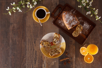 Easter breakfast with raisin bread, orange juice and coffee