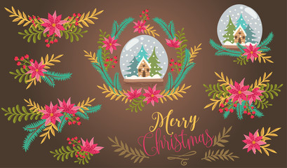 Christmas decorative illustration with snow globe, herbs, wreath and flowers. Christmas vector illustration.