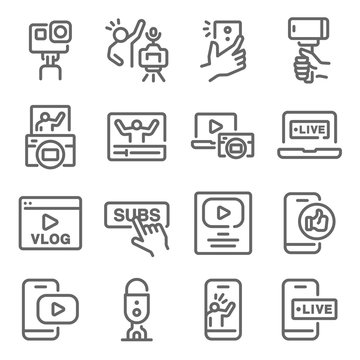 Influencer Vlog icon set vector illustration. Contains such icon as Micro influencer, Youtuber, Social media, Subscribe, Live, Creator and more. Expanded Stroke