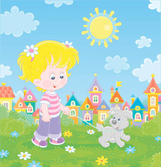 Obraz na płótnie Canvas Cheerful little girl walking together with her merry grey puppy in a green park of a small colorful town on a sunny summer day, vector cartoon illustration