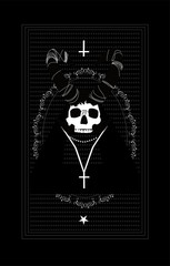 Black card with death skull, horns and cross. 
