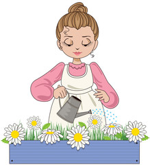 Young woman wearing old-fashioned dress and apron waters the daisies in her window box.