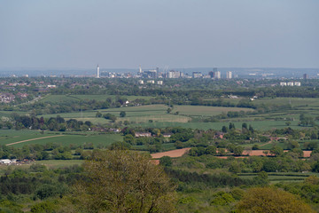 Fototapeta na wymiar Aerial view of Birmingham city centre with countryside landscape
