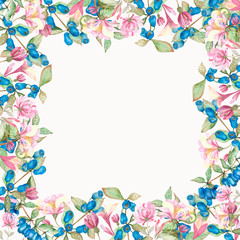 Watercolor hand painted nature floral squared border frame with honeysuckle pink blossom flowers, blue berries and green leaves bouquet on the white background for invitations and greeting card
