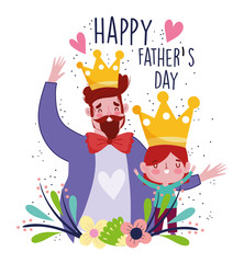 happy fathers day, celebrating dad and son with crowns and flwoers decoration